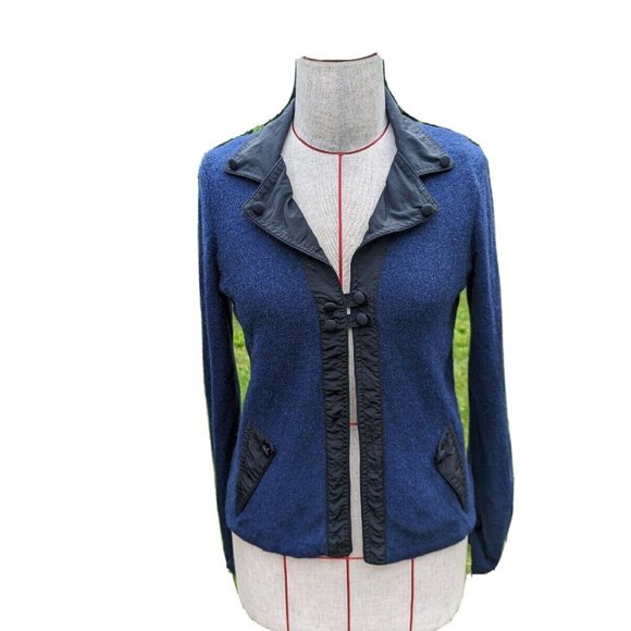 Sparrow Anthropologie Sweater Jacket Boho Style Blue with Black Trim Small - Picture 3 of 11